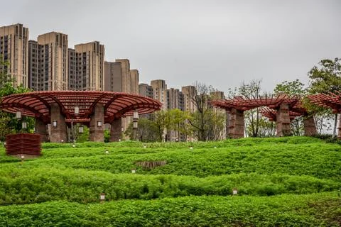 Wide-angle view of the resting area in the park in Foshan Stock Photos