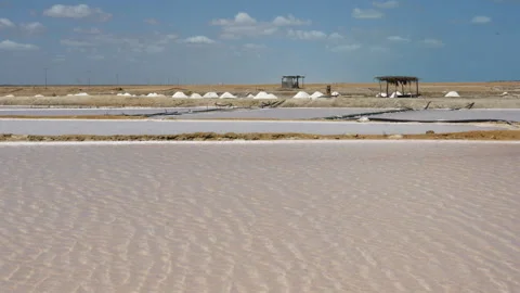 Wide Angle View of Salt Flats in Manaure, La Guajira, Colombia Under Blue Sky Stock Footage 333544421