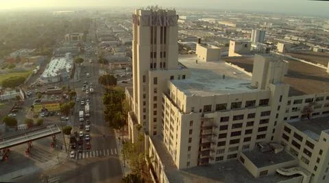 Wide angle view of Sears Building in Los Angeles with east side of city behind Stock Photos
