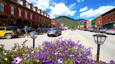 Wide angle view on small mountain mining town of Silverton Colorado Stock Footage 136879296