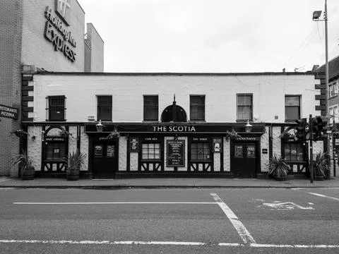 A wide angle view of a small pub called the scotia. Stock Photos