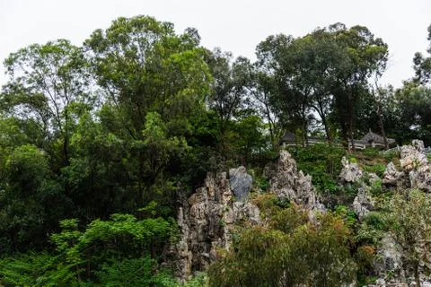 Wide angle view of stone hill in the park, no people Stock Photos