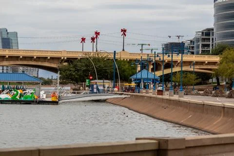 Wide angle view of Tempe Town Lake rental dock with pedal boats Stock Photos