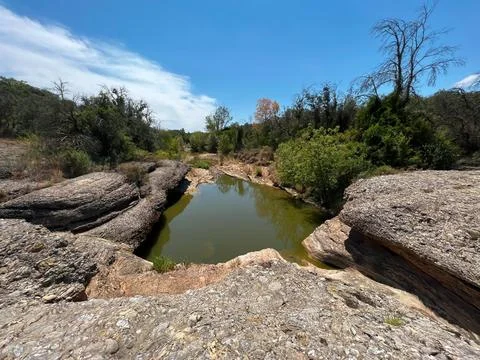 Wide angle view on a tranquility nature scena with small pond, woods, stones and Stock-Fotos