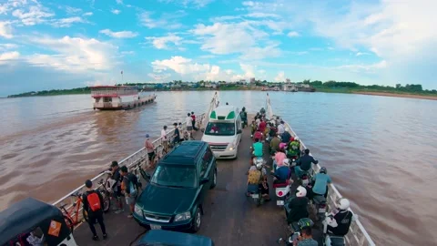 Wide angle view of transportation boat on the Mekong river Stock Footage 196706281