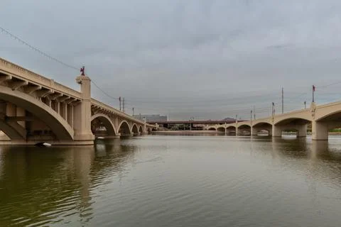 Wide angle view of two street bridges across Tempe Town Lake Stock Photos