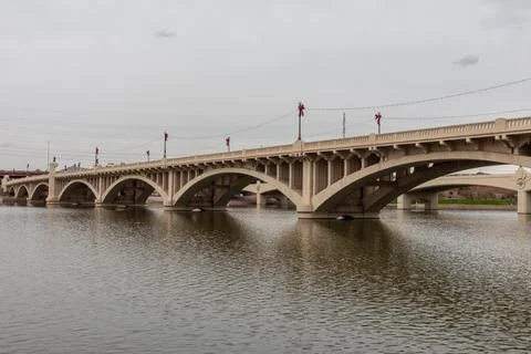 Wide angle view of two street bridges across Tempe Town Lake Stock Photos