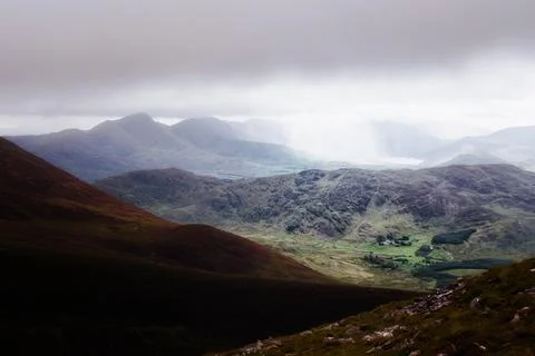 A wide angle view of a valley in County Kerry. Stock Photos