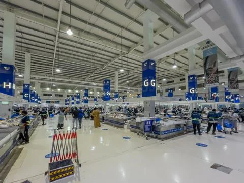 Wide angle view of the Waterfront fish market in Dubai Stock Photos