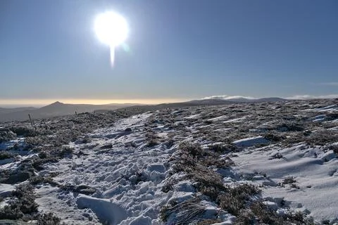 Wide angle view of winter Wicklow Mountains seen from Fairy Castle Stock Photos