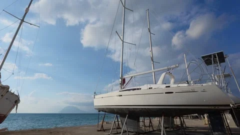 Wide angle view of yacht maintenance yard before summer season Stock Footage 337048691