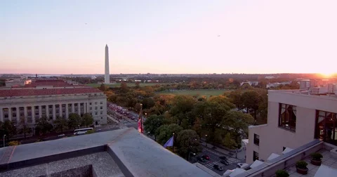 Wide Angle Washington Monument and Surrounding Landscape during Sunset Stock-Footage 81558111