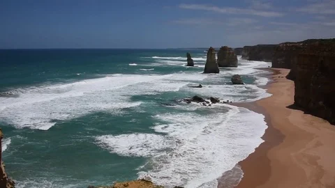 Wide Angle - Waves And Sandy Beach At Twelve Apostles Victoria Australia Stock Footage 80630284