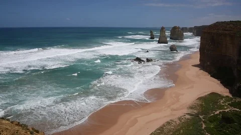 Wide Angle - Waves And Sandy Beach At Twelve Apostles Victoria Australia Stock Footage 80648197