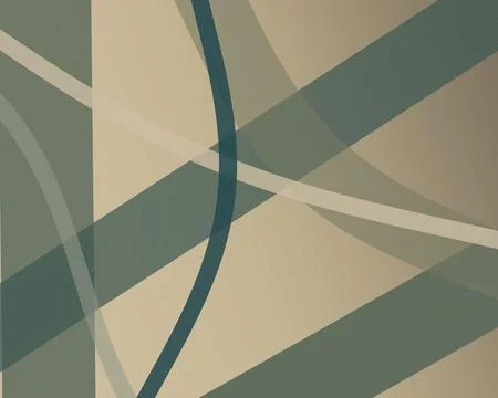 Wide angular bands and slender arcs cross a muted olive and beige field, pr.. Stock Illustration