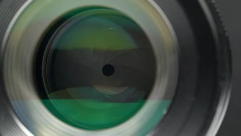 Wide-aperture lens featuring aperture and diaphragm blades, close-up video Stock Footage 342142490