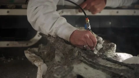 Wide archaeologist paleontologist using hand drill on dinosaur fossil Stock Footage 153500298