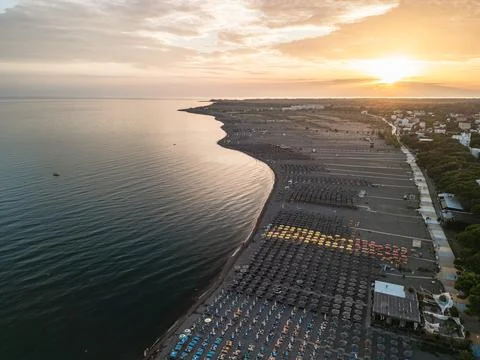Wide Backlit Sunset Drone View of Velipoja Beach Coast Albania Stock Photos