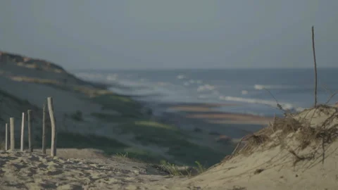 Wide beach with sand path foreground Video stock 345717537
