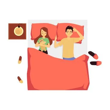 Wide bed with side table and sleeping couple, flat vector illustration isolated. Stock Illustration