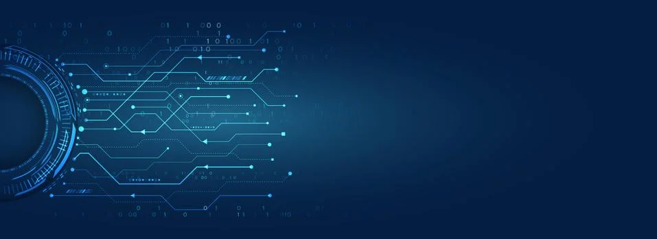 Wide Blue background with various technological elements. Hi-tech computer di Stock Illustration