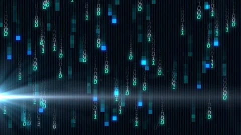 Wide blue beam emitting activating binary digits falling forming code rain 스톡 동영상 328010903