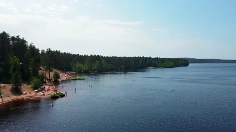 Wide blue river with thick forests and sand beach upper view Stock Footage 204204903