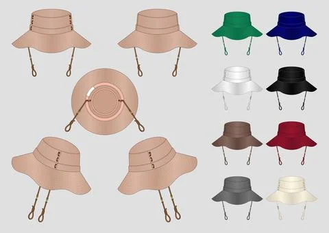 Wide Brim Bucket Hat Tech Pack with Front, Back, Side, and Bottom Views Stock Illustration