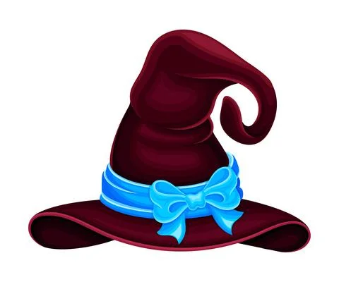 Wide Brimmed Witch Hat with Conical Crown and Blue Ribbon with Bow Vector Stock Illustration