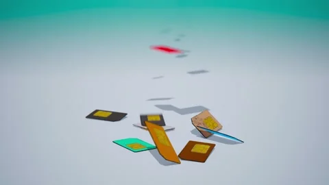 Wide camera view on falling sim cards for mobile phone telecomunication netw Stock Footage 257928376