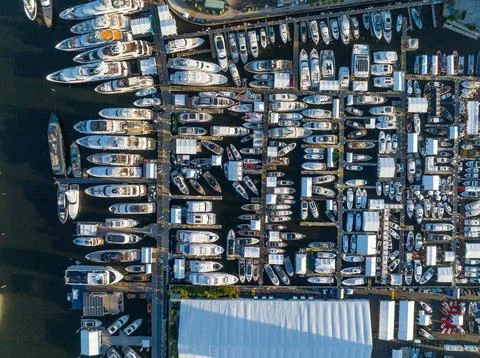 Wide capture from above of many different boat displays at a boat show from.. Stock Photos