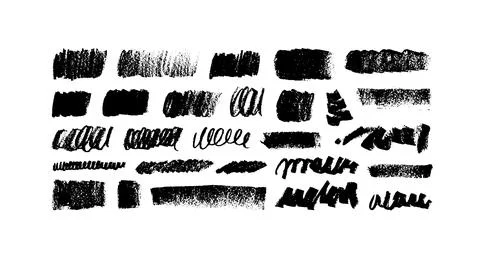 Wide charcoal vector strokes and curly lines set. Stock Illustration