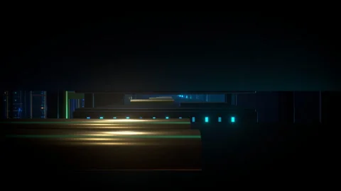 Wide cinematic forward dolly movement gliding through a massive data center, 4K Stock Footage 338215314