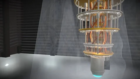 Wide cinematic forward jib approach gliding towards a quantum computer core, 4K Stock Footage 340409972