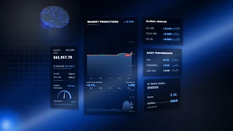 Wide cinematic high-angle orbit showcasing a corporate fintech dashboard, 4K Stock Footage 338405981