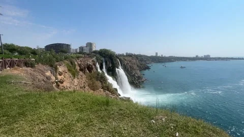 Wide Coastal View of Lower Duden Waterfall and Antalya Stock Footage 344038243
