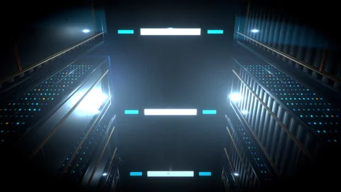 Wide commanding low angle static view revealing a massive data center, 4K Stock Footage 338214934