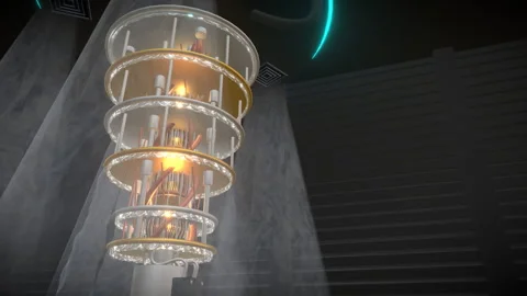 Wide commanding low angle static view revealing a quantum computer core, 4K Stock Footage 340410184