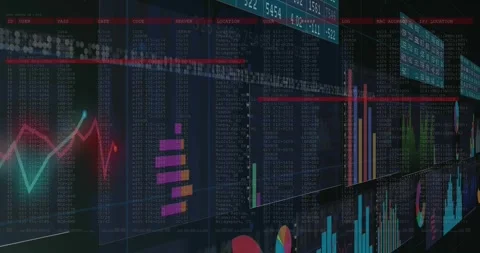 Wide data wall reacting to camera pan, panels sliding, bars growing, lines Stock Footage 328245825