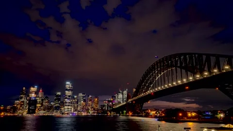 Wide Day to night time-lapse of Sydney Harbour Bridge and City Skyline Stock Footage 246720942
