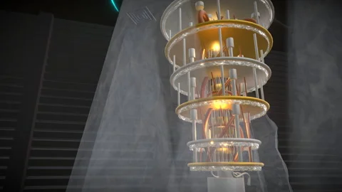 Wide deliberate diagonal slider push-in analyzing a quantum computer core, 4K Stock Footage 340409946