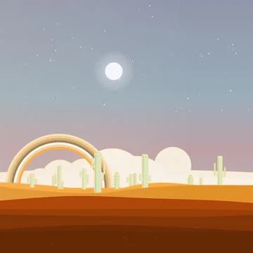 Wide desert dune scene with sand field, desert shrubs, and branching Stock Illustration