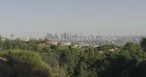Wide Distant View of Downtown Los Angeles Skyline from Griffith Park Overlook Stock Footage 334024141