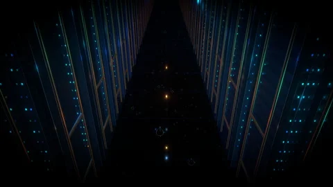 Wide downward descending tilt exploring a massive data center, 4K Stock Footage 338215745