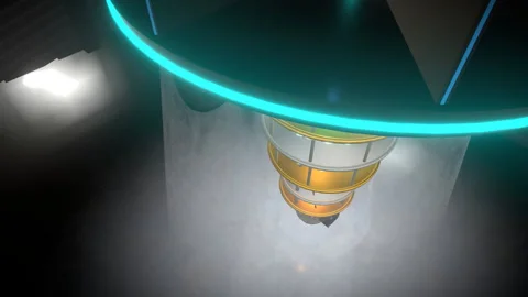 Wide dramatic overhead static perspective observing a quantum computer core, 4K Stock Footage 340410209