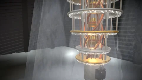 Wide dramatic vertical elevator ascent surveying a quantum computer core, 4K Stock Footage 340410147
