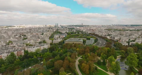 Wide drone aerial view flying above buildings roofs. Paris city attractions Stockbeeldmateriaal 220158936
