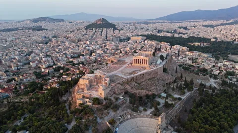 Wide Drone Flyover of Acropolis of Athens Citadel and Surrounding Neighborhoods Stock Footage 342024156