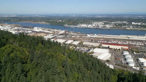 Wide drone pan along the river of downtown Portland Stock Footage 251745826