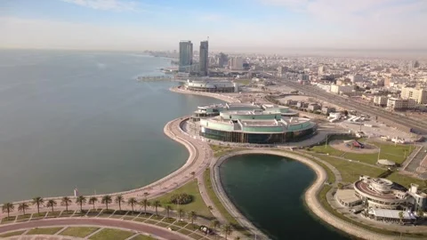 Wide Drone Panorama of New Corniche Waterfront and Skyline Al Khobar Stock Footage 336864241